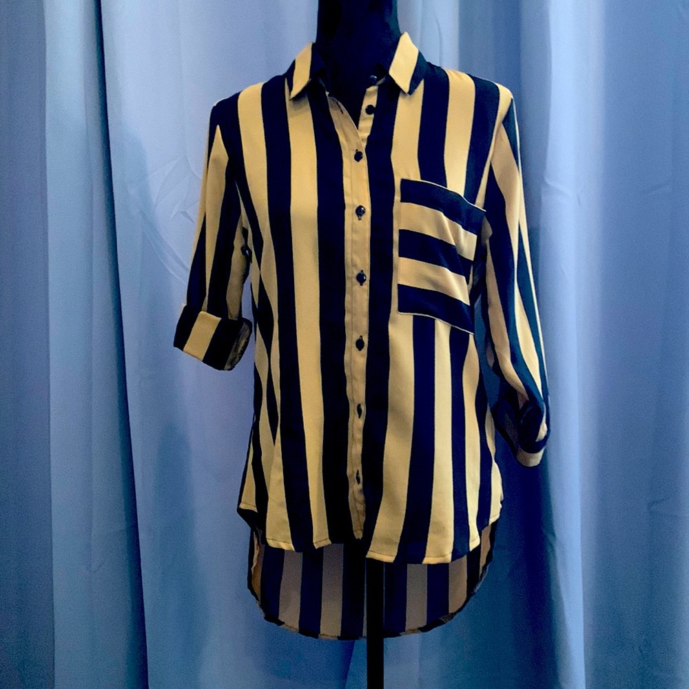 Sexy camel and black stripe button down blouse from FASHION WEB. Size Large